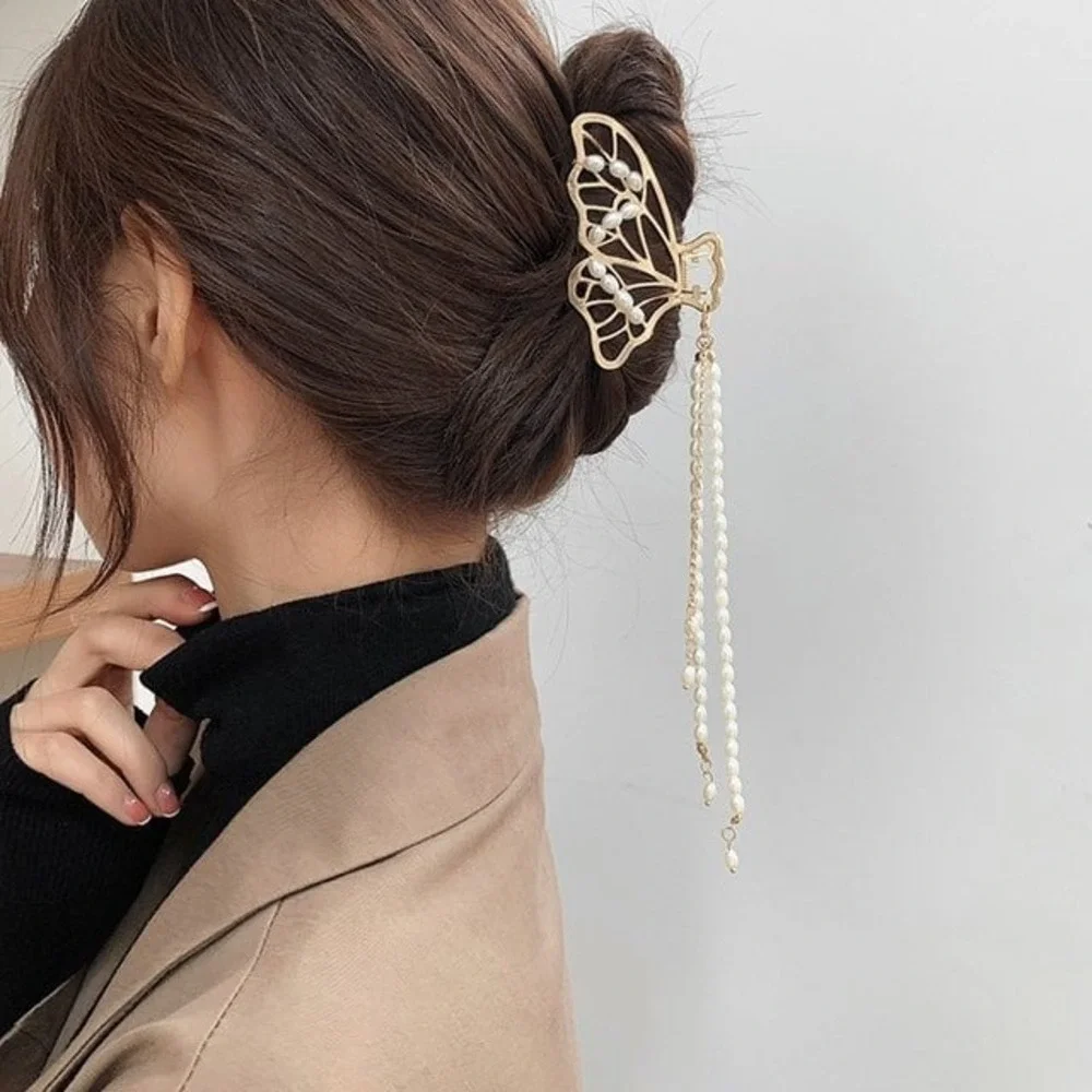 Gold Butterfly Hair Claw Clip Pearls Tassel Elegant Women Hair Accessory‎